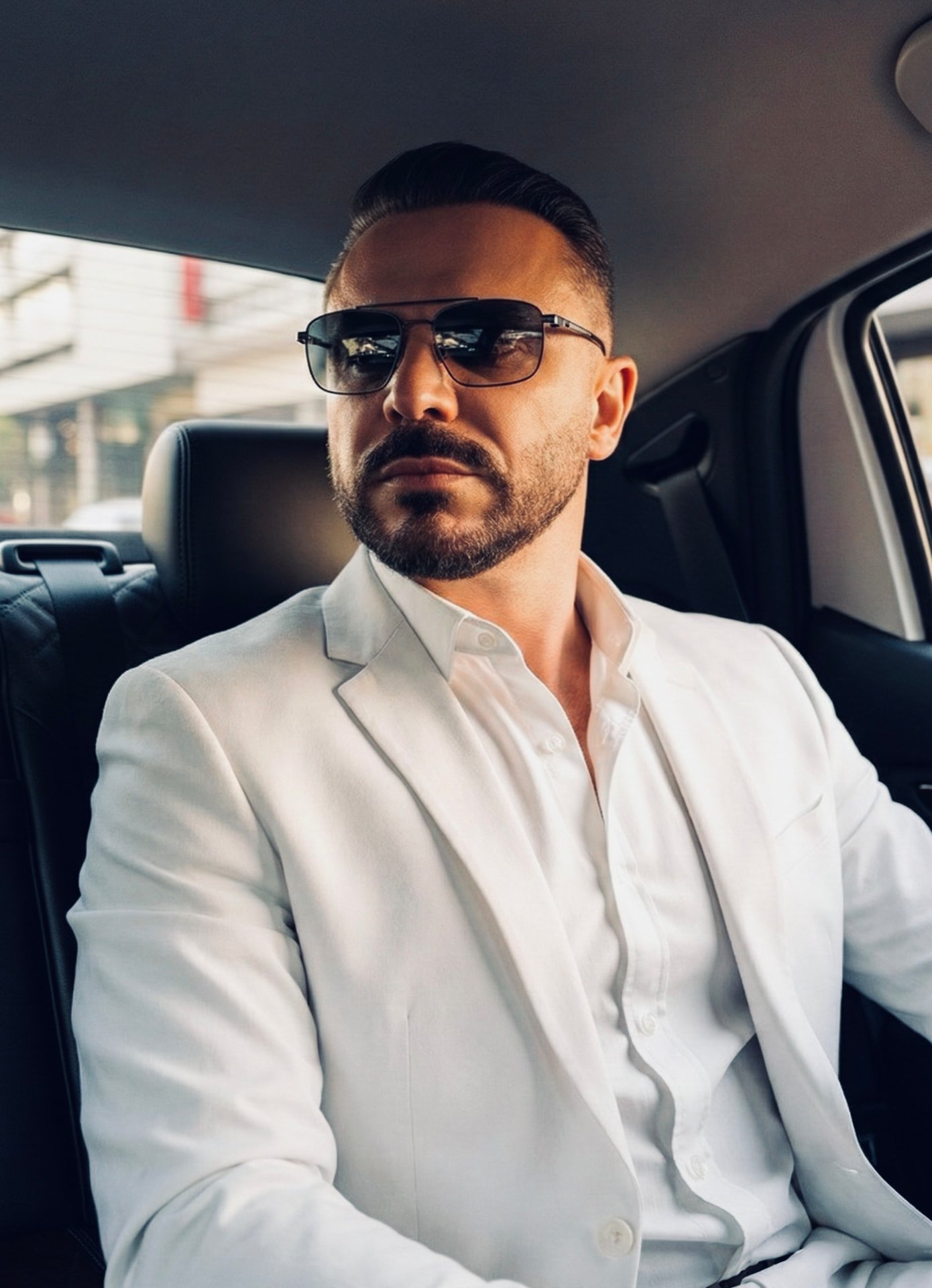 Sérgio Almeida de terno claro e óculos escuros, dentro de um carro